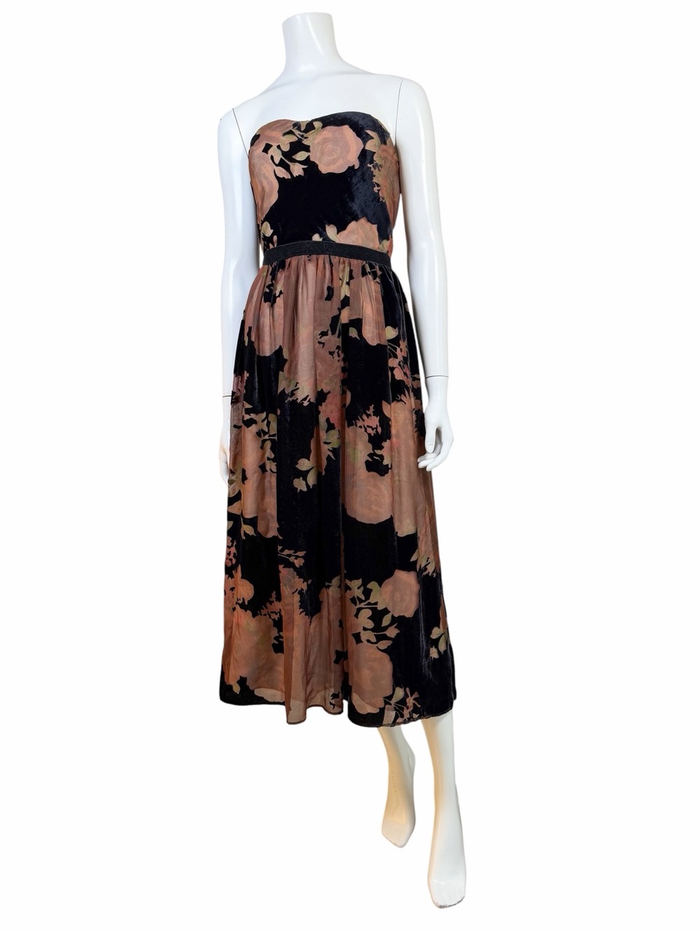 ERIN by Erin Fetherston Strapless Black and Rose-Mauve Floral Velvet Midi Dress - Picture 3 of 14